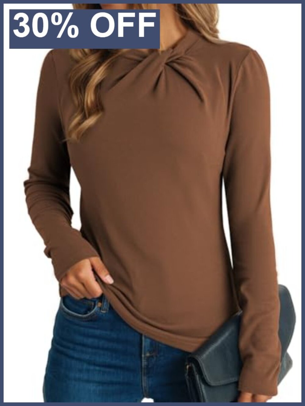 Womens Twist Knot Mock Neck Slim Fit Long Sleeve Business Casual Top